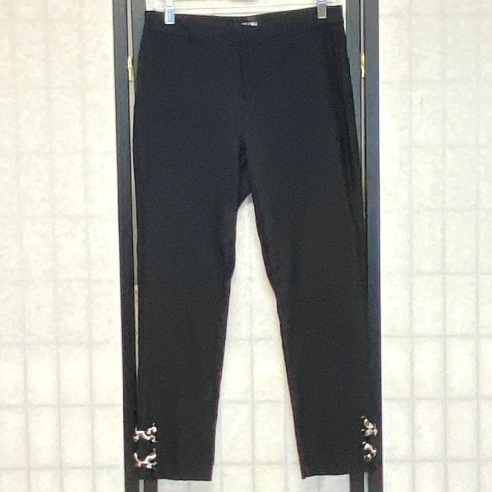 Roz & Ali Leopard Lace-Up Crop Ankle Pants Black 6 Slim Stretch Statement Slacks